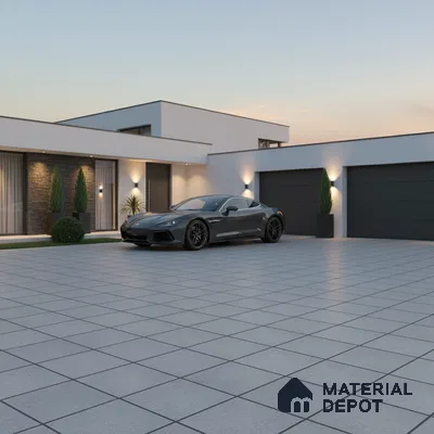 Modern parking with large grey outdoor floor tiles and minimalist facade
