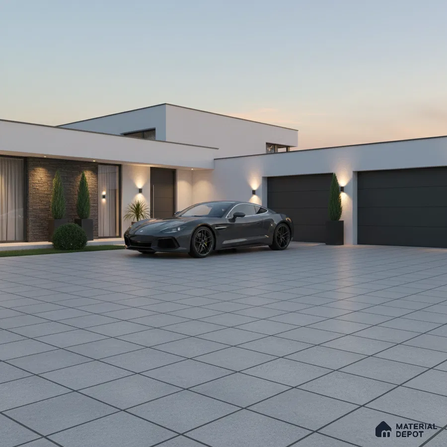 Modern parking with large grey outdoor floor tiles and minimalist facade