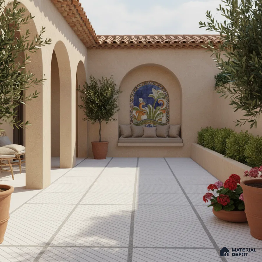 Mediterranean outdoor courtyard with terracotta roof, beige stucco walls, and patterned ceramic tile mural