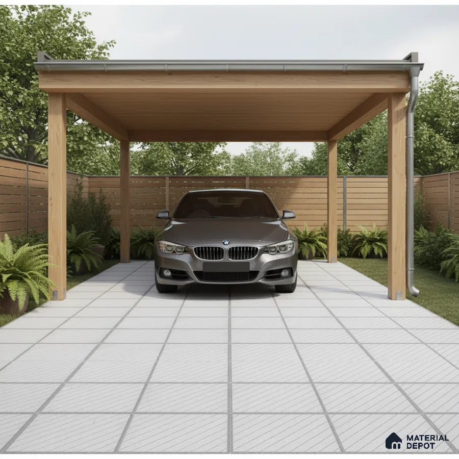 Modern parking with wooden pergola, horizontal wood fencing, and white grid pattern floor tiles