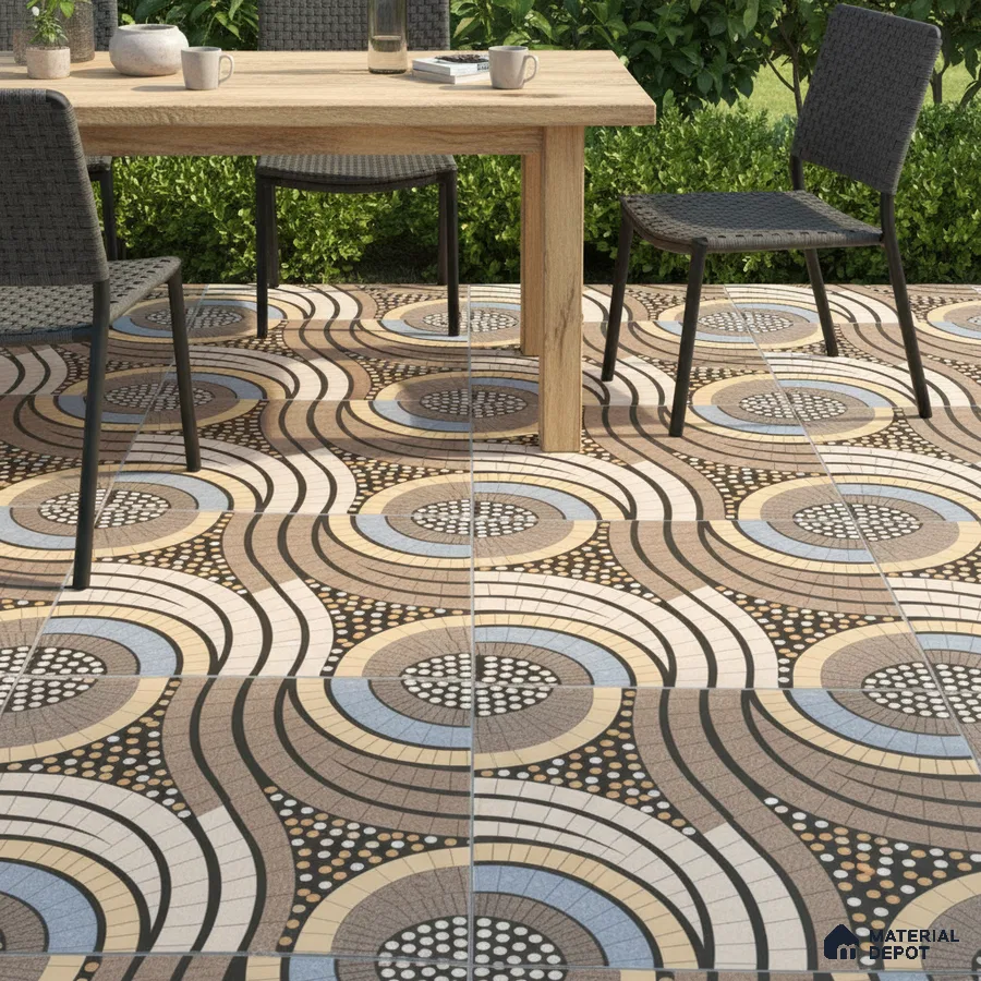 Eclectic outdoor space with geometric patterned floor tiles and natural wood dining table