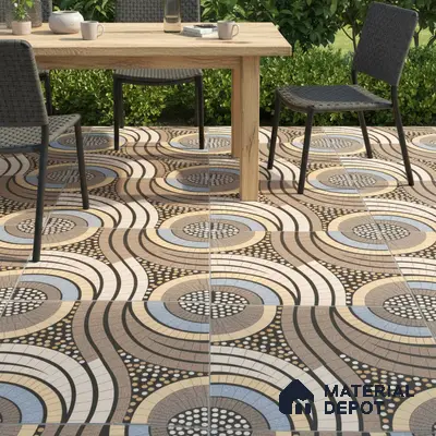 Eclectic outdoor space with geometric patterned floor tiles and natural wood dining table