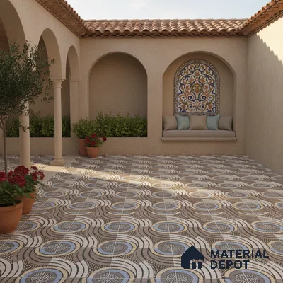 Mediterranean outdoor courtyard with patterned geometric floor tiles and terracotta roof