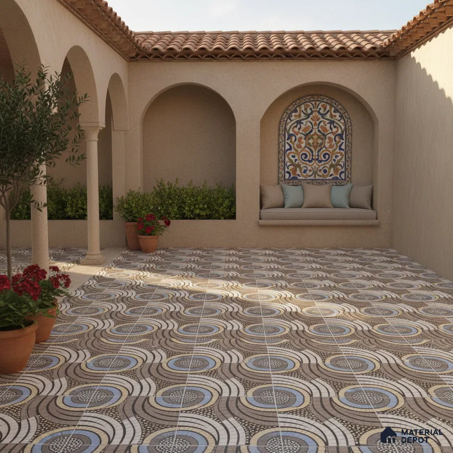 Mediterranean outdoor courtyard with patterned geometric floor tiles and terracotta roof