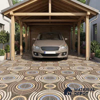 Modern parking with geometric patterned floor tiles and wooden carport structure