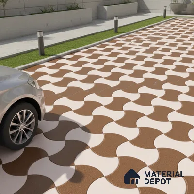 Modern parking area with brown and white geometric patterned outdoor floor tiles