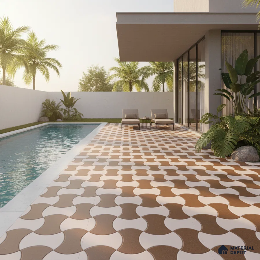 Modern outdoor poolside with brown and white geometric patterned floor tiles