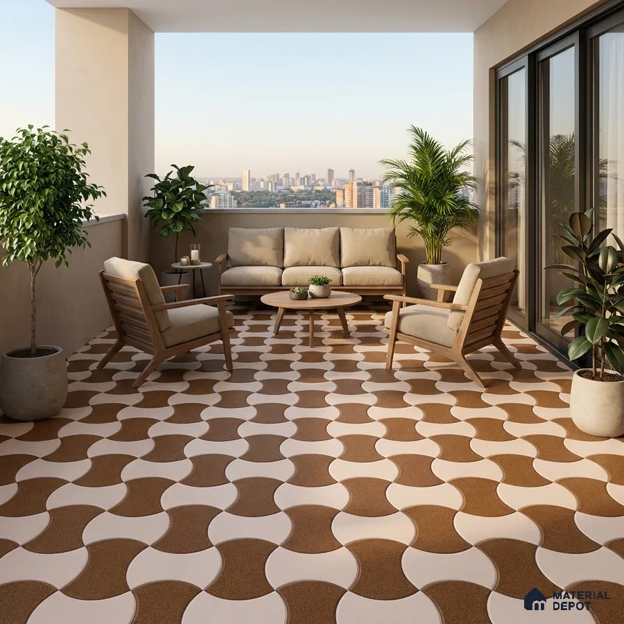 Modern balcony with geometric brown and white patterned floor tiles and wooden outdoor furniture