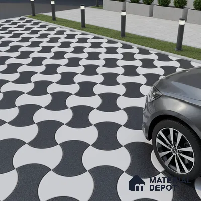 Modern parking area with black and white geometric interlocking floor tiles