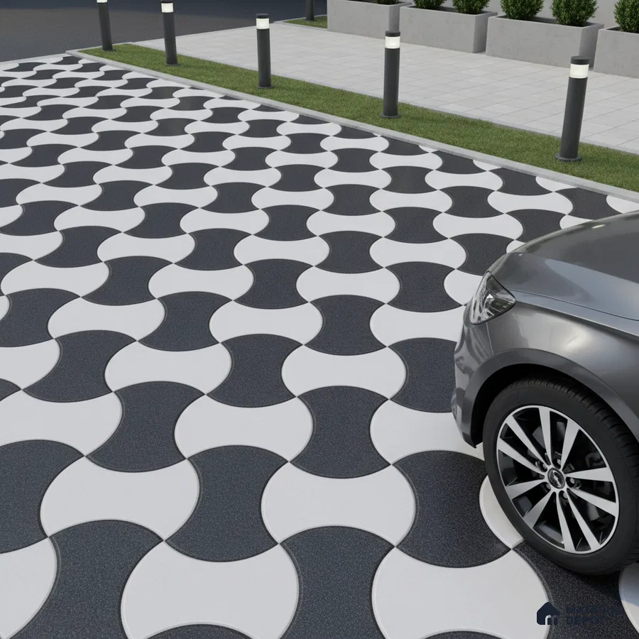 Modern parking area with black and white geometric interlocking floor tiles