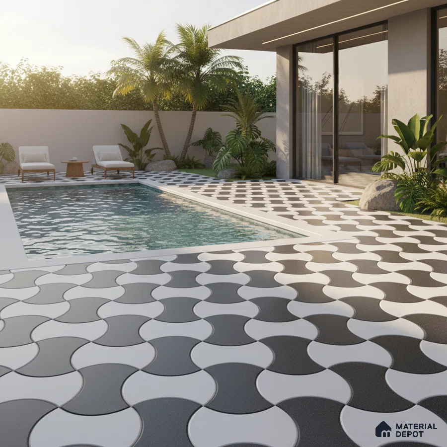Modern outdoor poolside with black-and-white geometric floor tiles