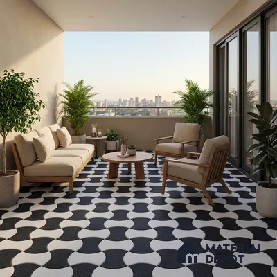 Scandinavian balcony with black-and-white geometric floor tiles and natural wood furniture