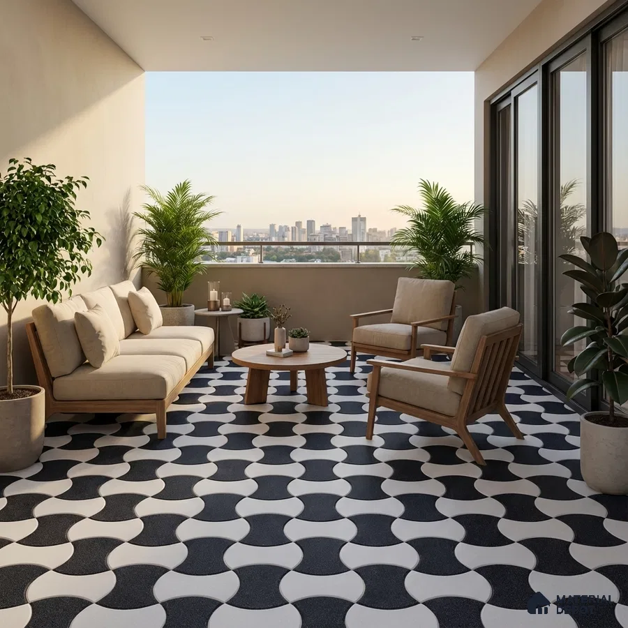 Scandinavian balcony with black-and-white geometric floor tiles and natural wood furniture