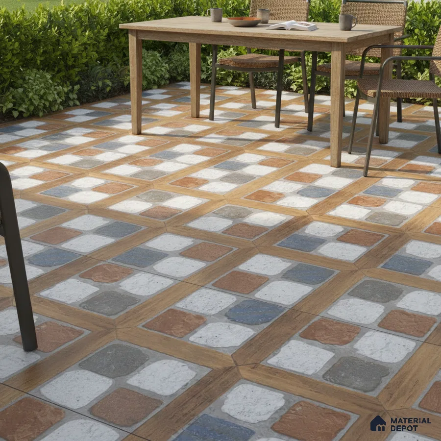 Mediterranean outdoor space with multicolor patterned stone tiles and wood-look grid