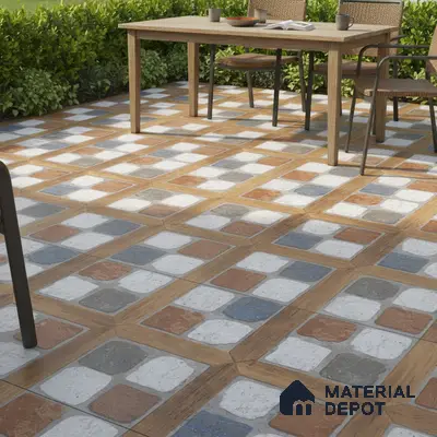 Mediterranean outdoor space with multicolor patterned stone tiles and wood-look grid