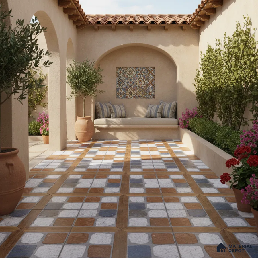 Mediterranean outdoor patio with terracotta roof, patterned wall tile, and multicolor checkerboard floor tiles