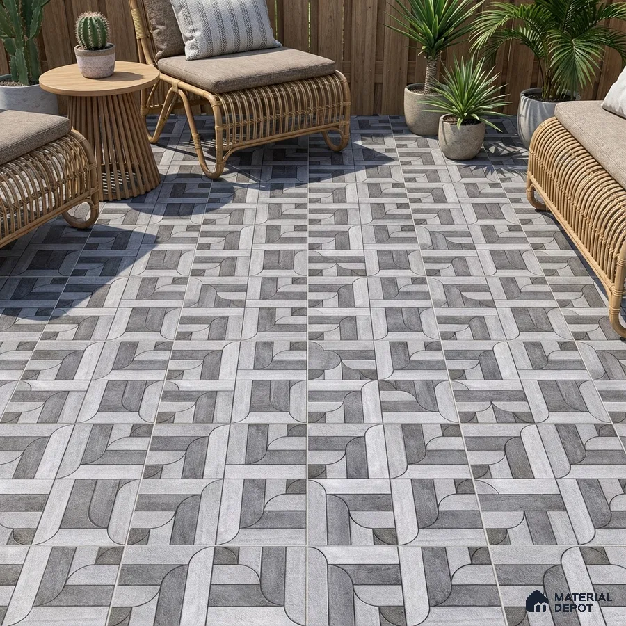 Modern outdoor space with geometric grey floor tiles and rattan furniture