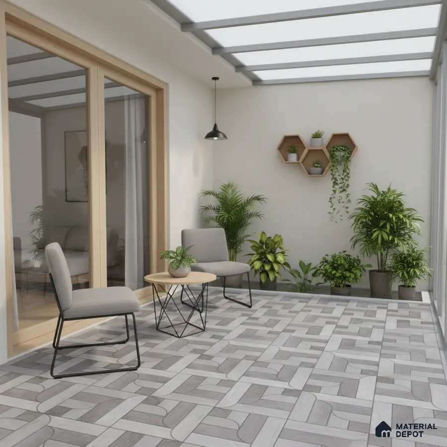 Scandinavian balcony with geometric grey floor tiles and light wood accents