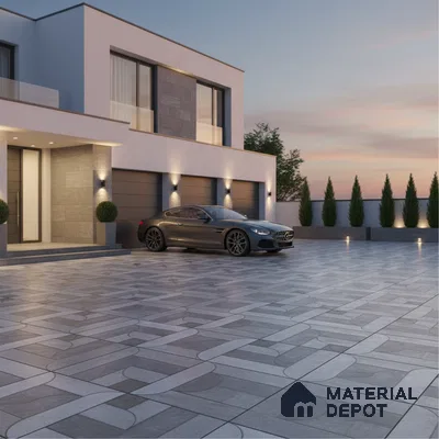 Modern parking with geometric grey and white outdoor floor tiles and stone cladding accents