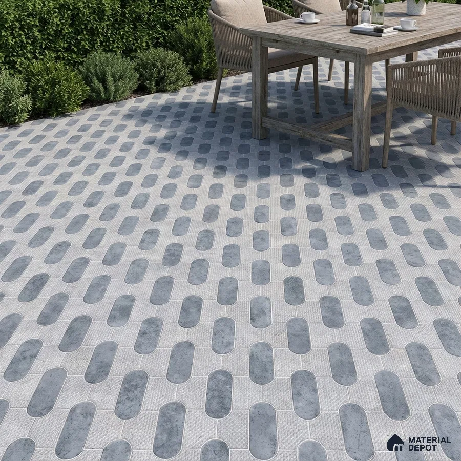 Modern outdoor space with grey popsicle patterned floor tiles and rustic wood dining set