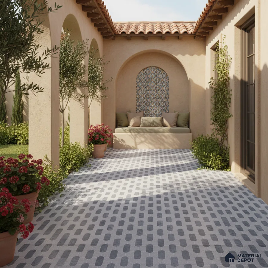 Mediterranean outdoor patio with terracotta roof, patterned accent wall tile, and geometric grey floor tiles