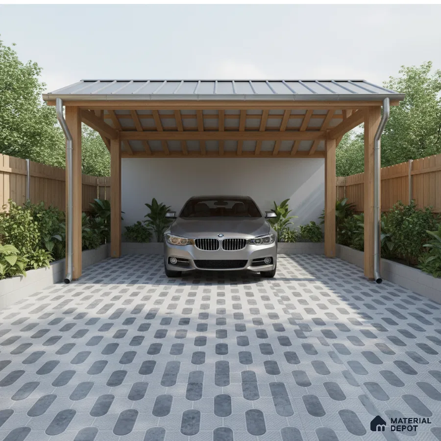 Modern parking with wooden structure and grey patterned outdoor floor tiles