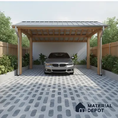 Modern parking with wooden structure and grey patterned outdoor floor tiles