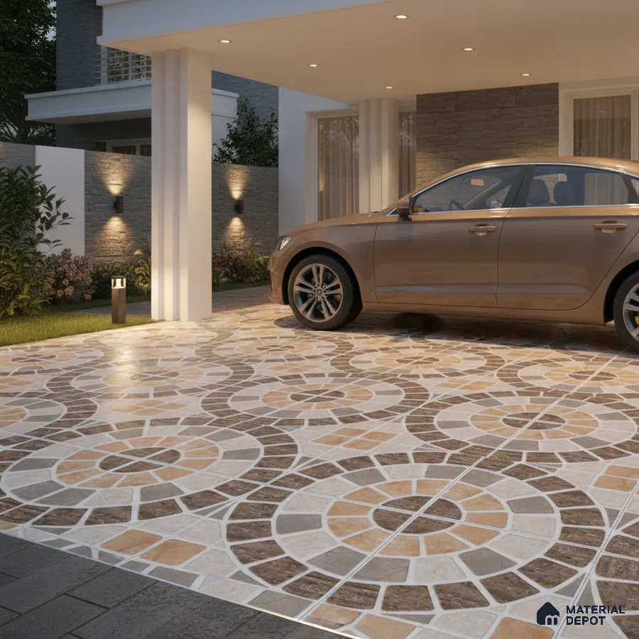 Modern parking with geometric patterned outdoor floor tiles in beige and brown