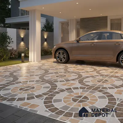 Modern parking with geometric patterned outdoor floor tiles in beige and brown