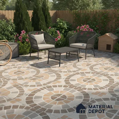 Modern outdoor seating with geometric patterned stone floor tiles