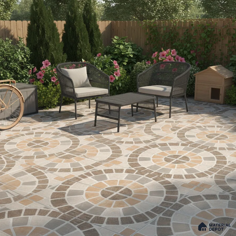 Modern outdoor seating with geometric patterned stone floor tiles