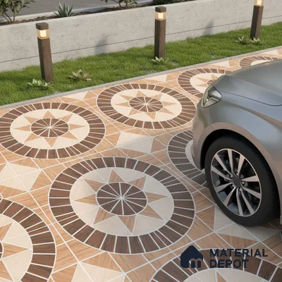 Modern parking with geometric patterned outdoor floor tiles in beige and brown