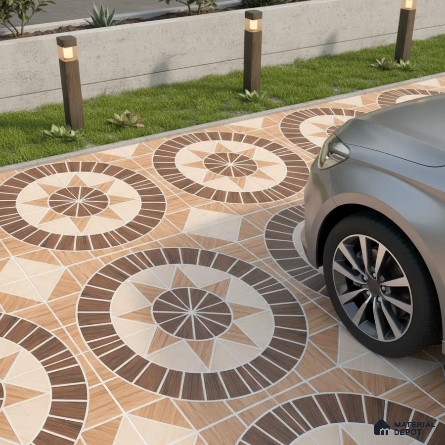 Modern parking with geometric patterned outdoor floor tiles in beige and brown
