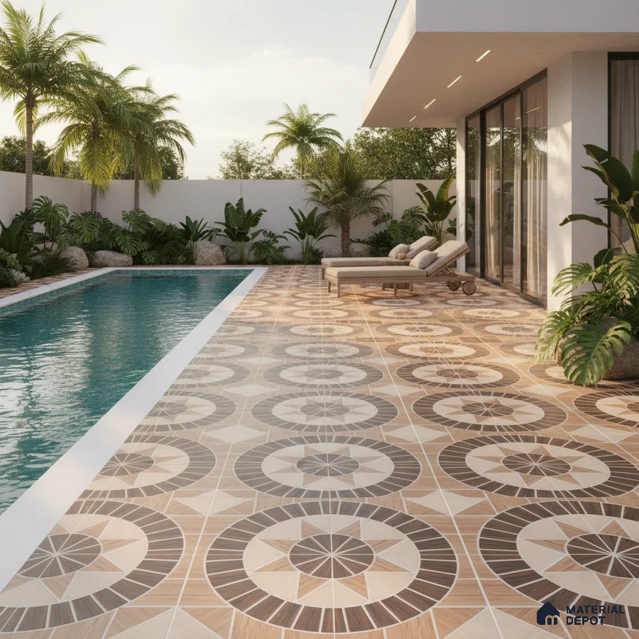 Mediterranean outdoor poolside with geometric patterned floor tiles and tropical landscaping