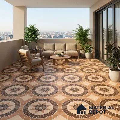 Modern balcony with geometric patterned terracotta and brown floor tiles