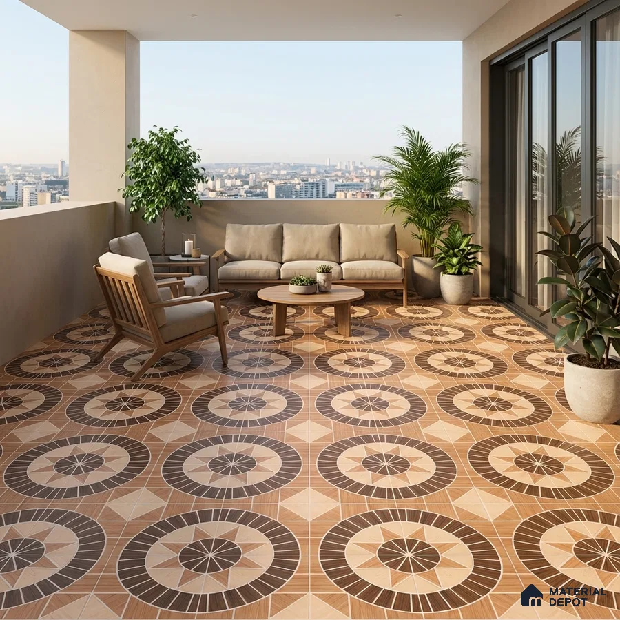 Modern balcony with geometric patterned terracotta and brown floor tiles