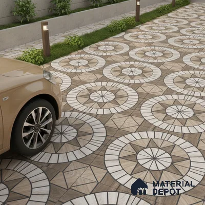 Modern parking with geometric patterned outdoor floor tiles in wood and white tones
