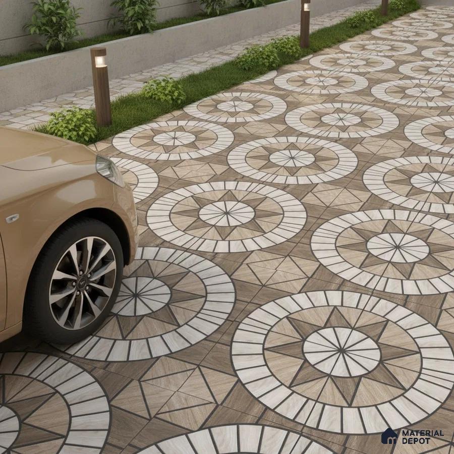 Modern parking with geometric patterned outdoor floor tiles in wood and white tones