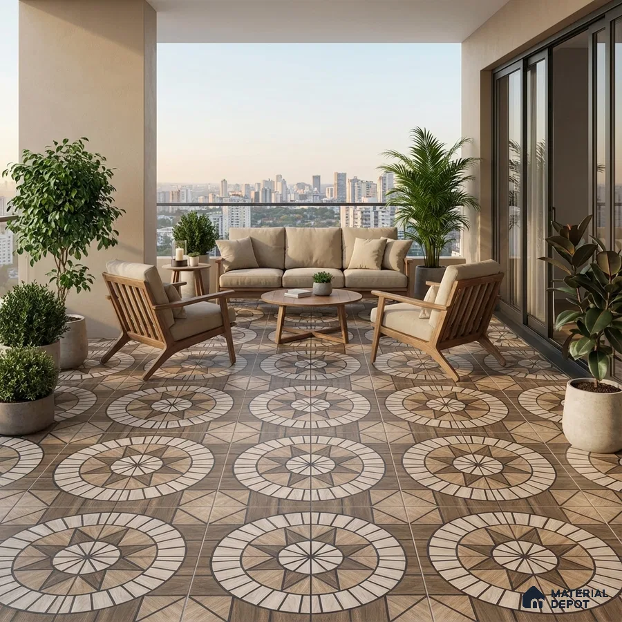 Modern balcony with geometric patterned floor tiles and wooden outdoor furniture