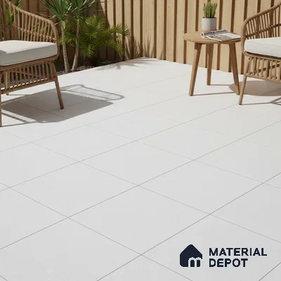 Scandinavian outdoor patio with white matte floor tiles and natural wood louver fencing