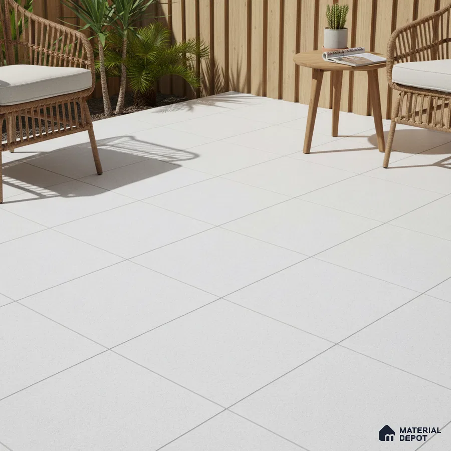 Scandinavian outdoor patio with white matte floor tiles and natural wood louver fencing