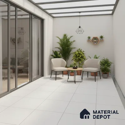 Minimalist balcony with white floor tiles, beige fabric chairs, and potted plants