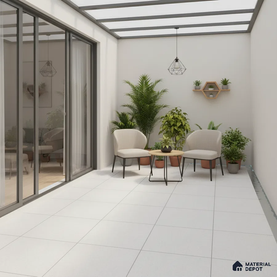 Minimalist balcony with white floor tiles, beige fabric chairs, and potted plants