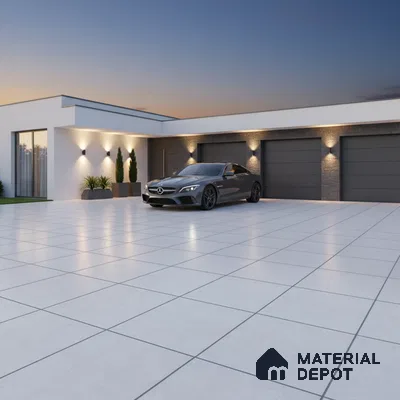 Modern parking with large format white outdoor tiles and stone cladding accent wall