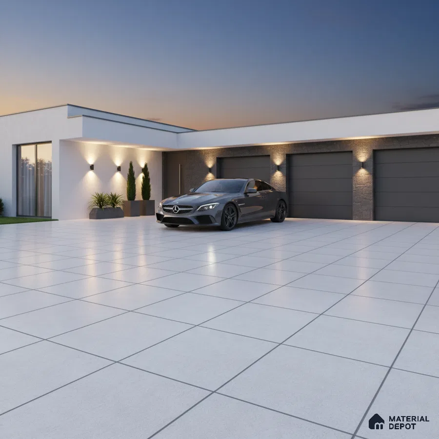 Modern parking with large format white outdoor tiles and stone cladding accent wall