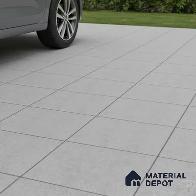 Modern parking area with light grey matte stone tiles