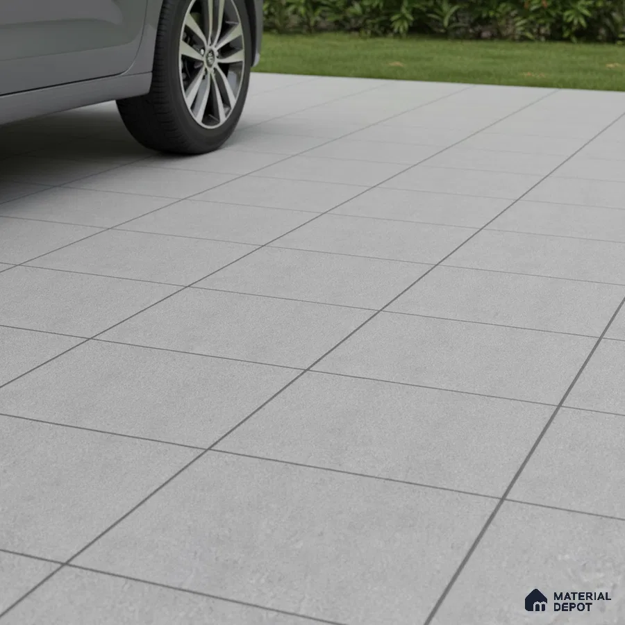Modern parking area with light grey matte stone tiles