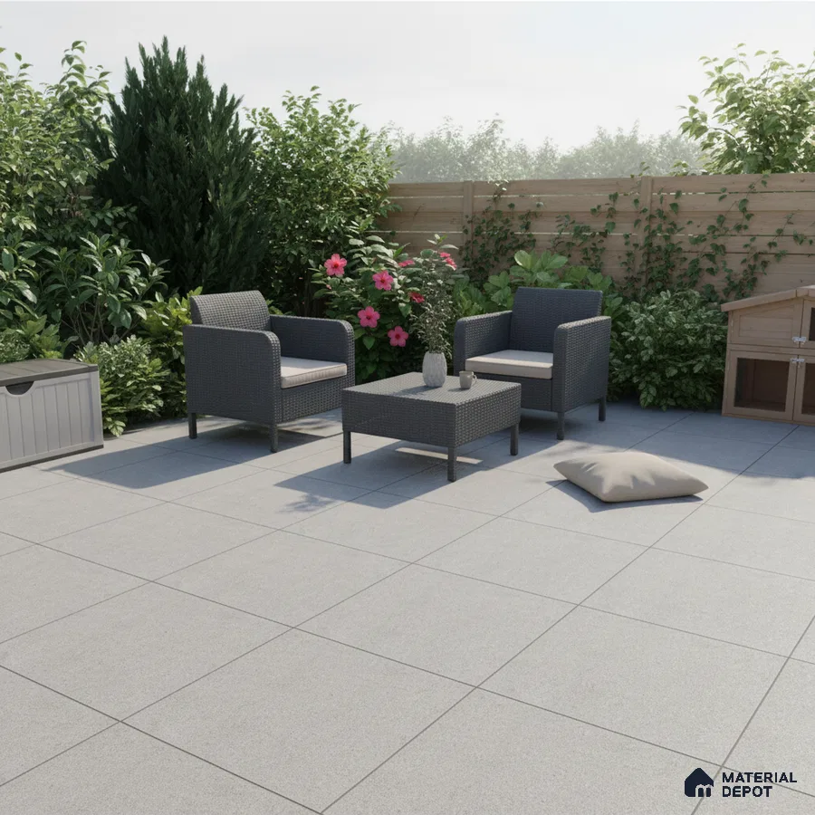 Modern outdoor patio with grey stone-look floor tiles and rattan furniture