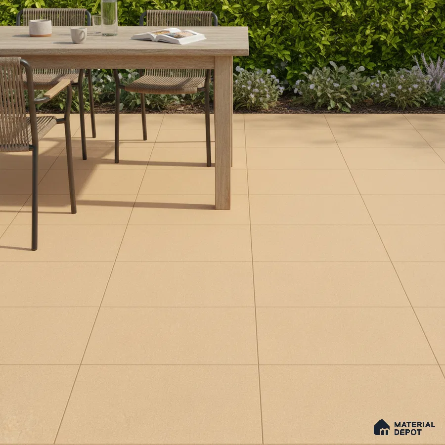 Minimalist outdoor patio with beige matte floor tiles and natural wood dining table