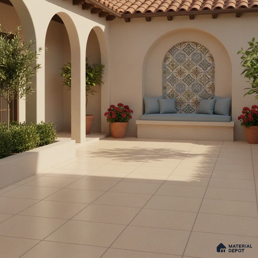Mediterranean outdoor courtyard with beige floor tiles and patterned moroccan accent wall tile